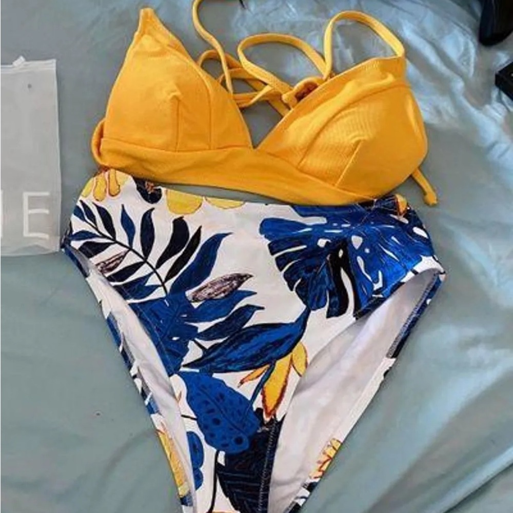 Cupshe Floral Bikini with Blue and Yellow Accents